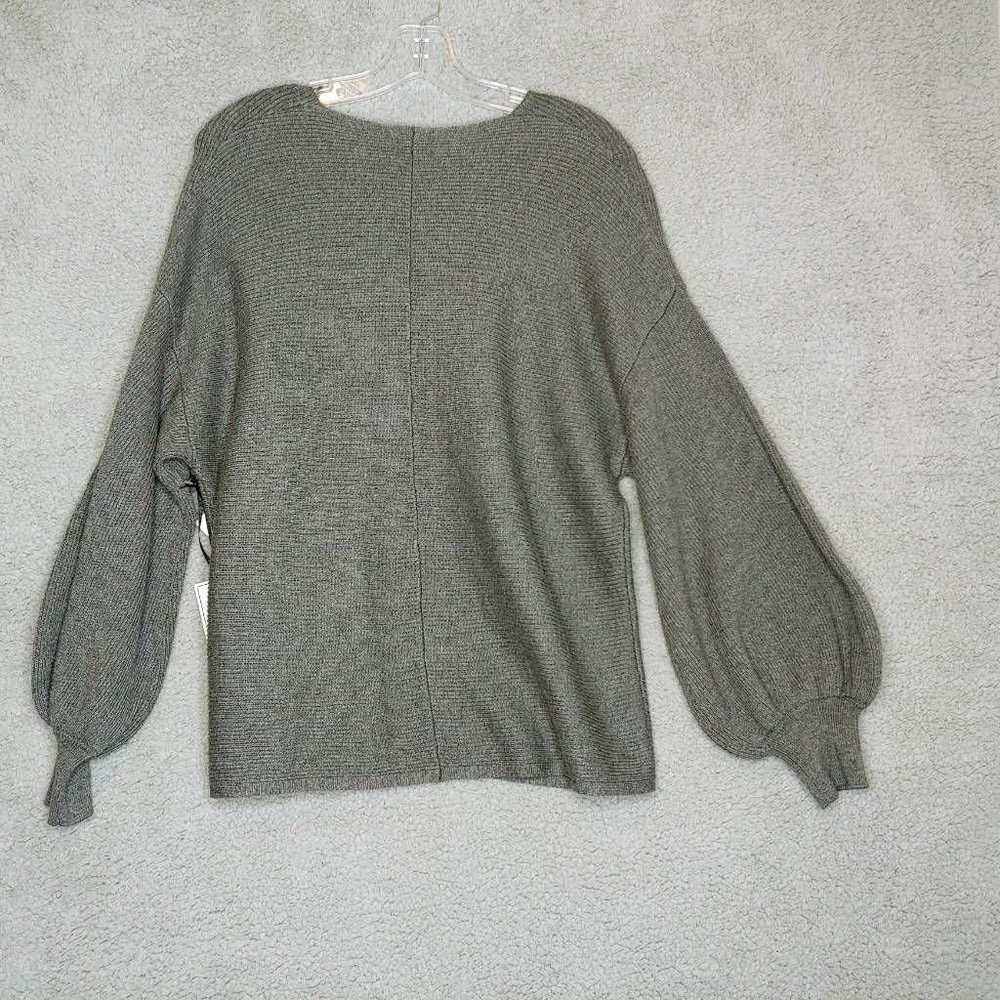 1. State Womens Pullover Sweater Gray Marled Balloon Sleeve V Neck Ribbed L New